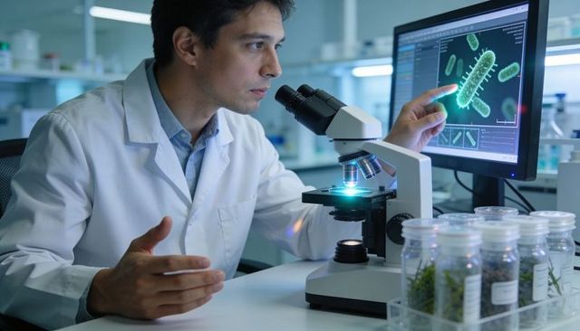 Laboratory Researcher Examining Bacteria on Screen While Using Microscope and Plant Samples