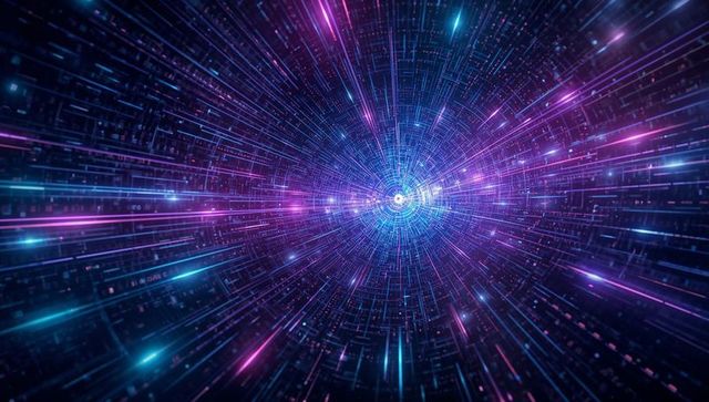 Futuristic Digital Tunnel with Converging Neon Lines and Glowing Particles