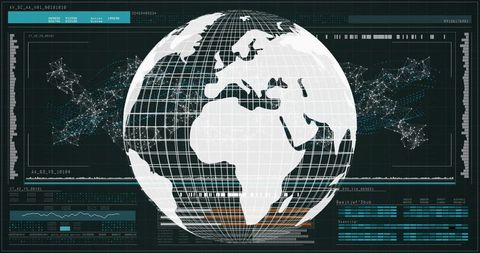 Global digital network globe overlaying HUD dashboard for data visualization and analytics