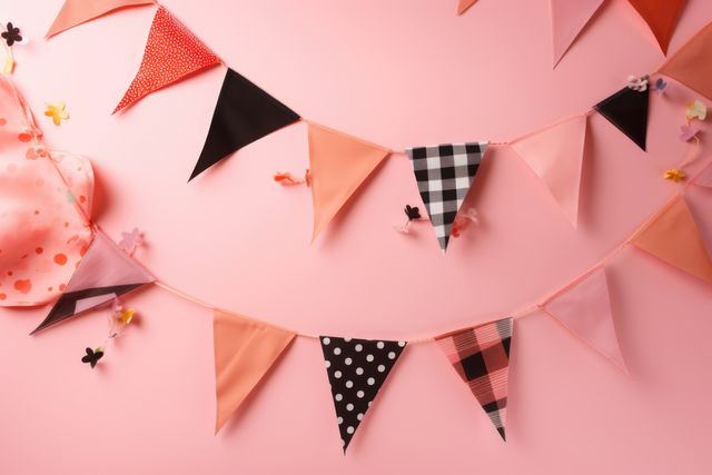 Festive garland of colorful and patterned fabric pennants against a peach background. Ideal for use in promotional materials for celebrations, parties, or festive decor themes. Great for backgrounds, invitations, and holiday marketing materials.