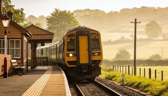 Yellow-front train arriving at countryside platform during misty morning with canopy