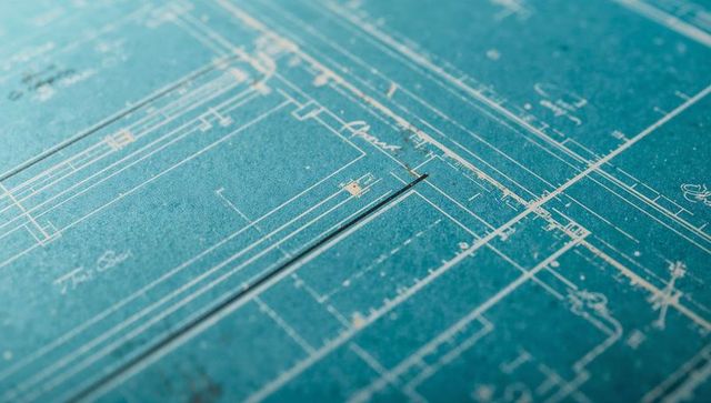 Teal blueprint revealing architectural floorplan with metal ruler, scale and annotations