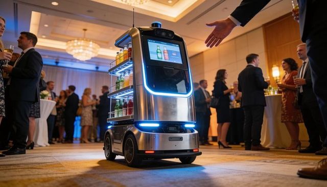 Autonomous beverage robot serving bottled drinks at corporate networking reception