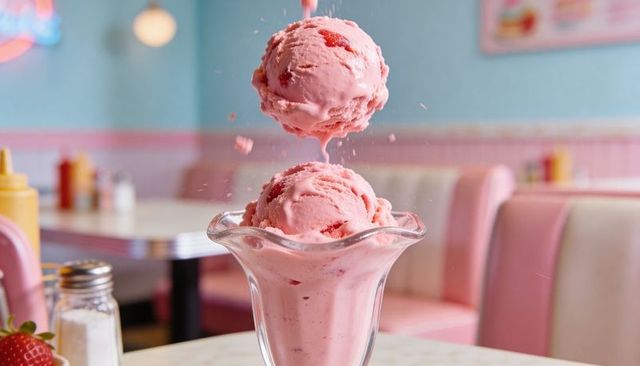 Floating strawberry ice cream scoop dropping into retro glass sundae in pastel diner booth