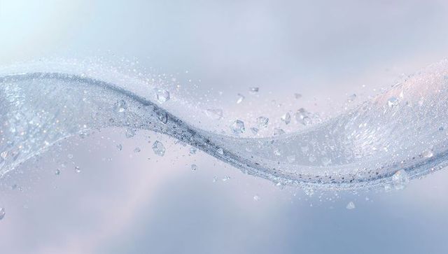 Crystal water ribbon flowing with floating ice droplets on pastel minimal background