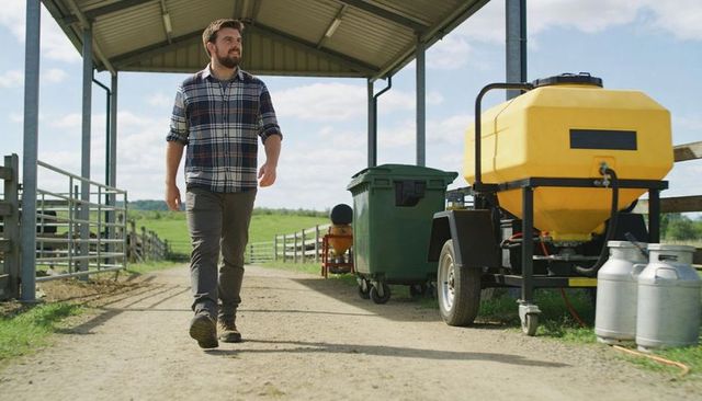 Walking bearded farmer in plaid shirt on farm lane with milk churns and yellow sprayer
