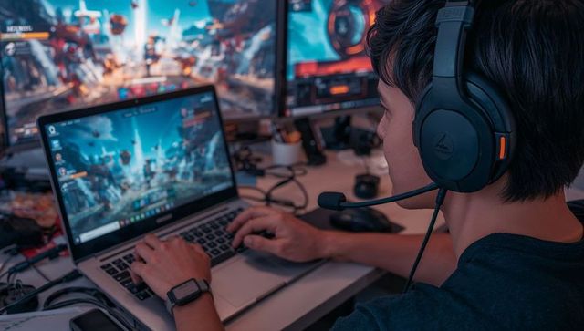 Focused Gamer Wearing Headset Playing Online Game