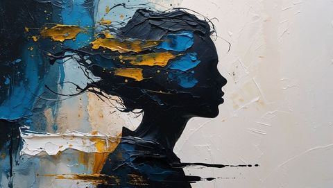 Abstract silhouette with blue and gold swirls on textured canvas