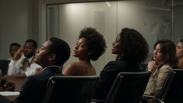 Boardroom professionals attentively listening with confident woman turning toward camera