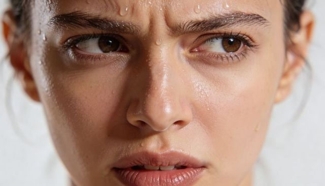Close-up dewy skin with water droplets on woman, intense gaze, studio beauty portrait