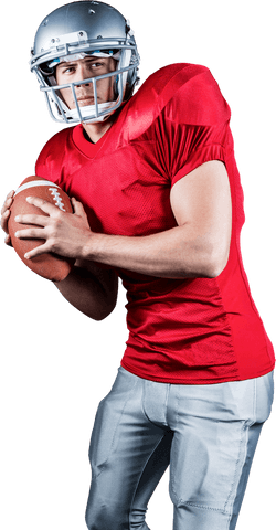 Transparent confident football player holding ball