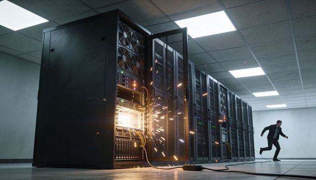 Sparking server rack causing electrical fire hazard in datacenter with technician fleeing