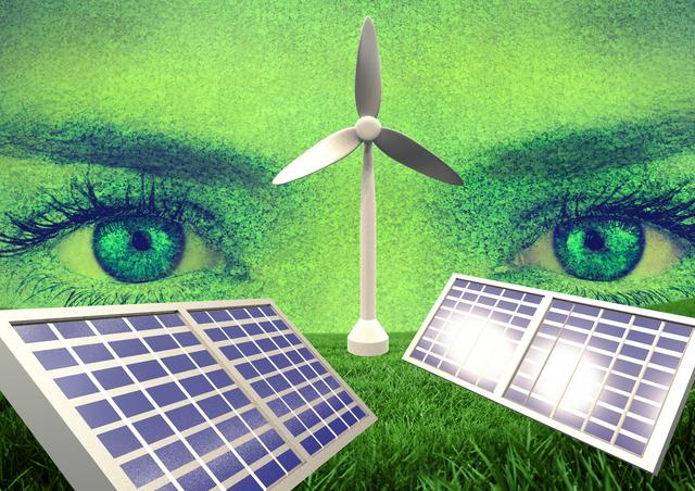 This image showcases a conceptual design combining a windmill and solar panels with green eyes in the background, creating a message of renewable energy and environmental awareness. Useful for campaigns related to sustainability and green technology, educational materials and presentations, advertising for solar and wind energy products, as well as articles or websites focusing on environmental protection and clean energy solutions.