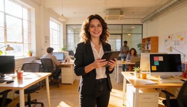 Confident female manager holding tablet and smartphone leading team in modern open-plan office