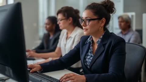 Woman in navy blazer reviewing on computer while team working in modern office