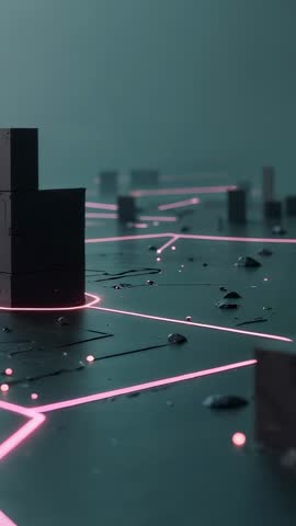 Pulsing Neon Ring Spawning Prisms While Camera Pulls Back Over Futuristic Hex Grid Vertical