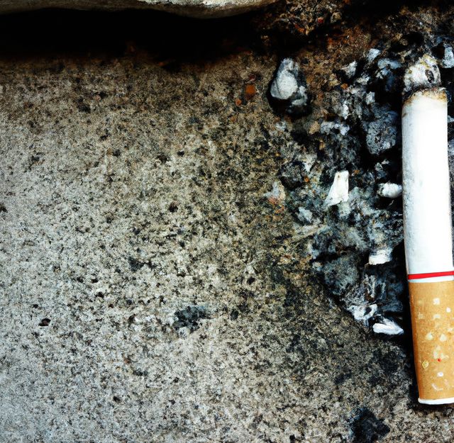 Close up of cigarette on ground with copy space. Tobacco addiction and cigarette smoking concept.