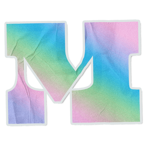 Transparent pastel m sticker with white border, shadow, fabric texture and applique style