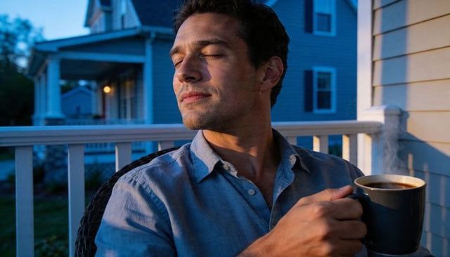 Relaxing on porch at dusk enjoying steaming coffee mug and evening calm