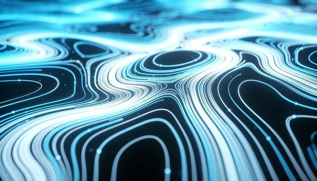 Flowing neon contour lines forming topographic ovals on dark digital surface, glowing data flow