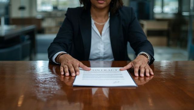 Confident businesswoman presenting contract for signature at corporate conference table