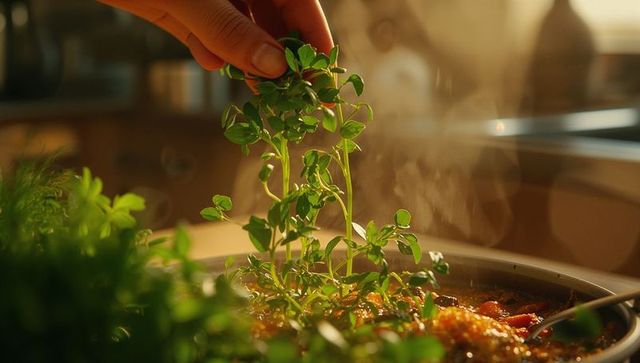Adding fresh herbs to homecooked stew illumined by window light