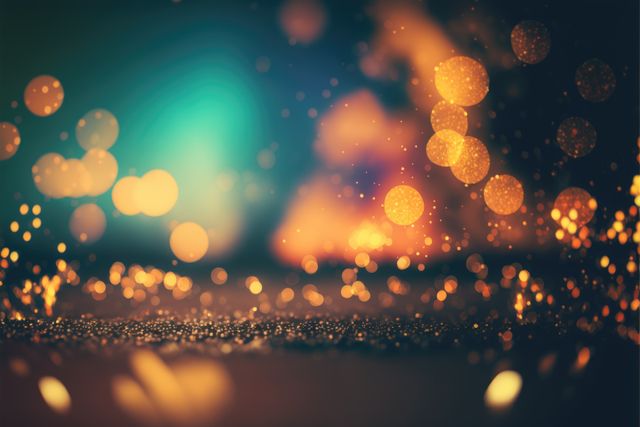 Defocused bokeh lights creating a dreamy and festive atmosphere with glittering sparks. Perfect for holiday backgrounds, party invitations, event posters, and celebratory design elements.