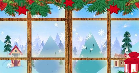 Charming holiday illustration captures a classic winter scene viewed through a warmly decorated window. Fir tree branches with red stars frame snowflakes falling on pastel-hued snowy trees and cozy homes. Perfect for use in holiday-themed greeting cards, seasonal marketing, digital wallpapers, or themed invitations evoking nostalgia and warmth.