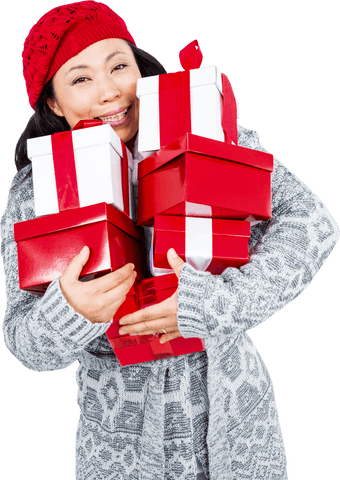 Smiling woman carrying colored gift boxes on transparent background