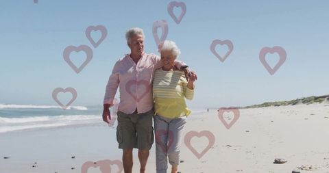 Senior Couple Walking Beach Romantic Hearts True Love Calm Day