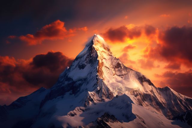 This image captures a stunning snow-capped mountain peak bathed in the warm colors of a dramatic sunset. The contrasting light and shadows create a mesmerizing atmosphere, ideal for use in travel promotions, nature articles, outdoor adventure advertisements, and inspirational backgrounds.
