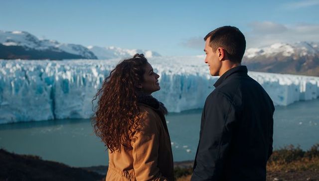 Couple gazing over turquoise glacial lake and icefield with snowcapped mountains
