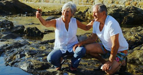 Happy Senior Couple Enjoying Rocky Seashore During Leisure Time - Download Free Stock Images Pikwizard.com
