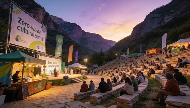 Outdoor zero-waste cultural summit at mountain amphitheater during sunset