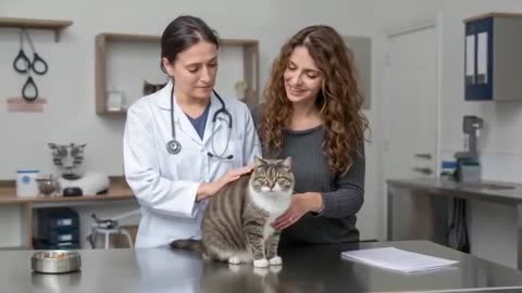 Veterinarian Conducting Health Checkup on Cat with Owner
