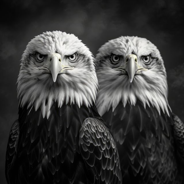Two majestic bald eagles stare intently, set against a dark background. Their piercing gazes and sharp beaks convey a sense of power and nobility in the animal kingdom.