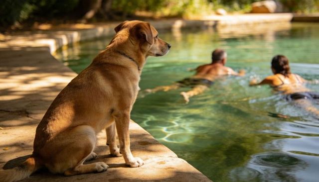 Tan dog sitting on pool deck watching swimmers in sunlit backyard pool, summer garden pet