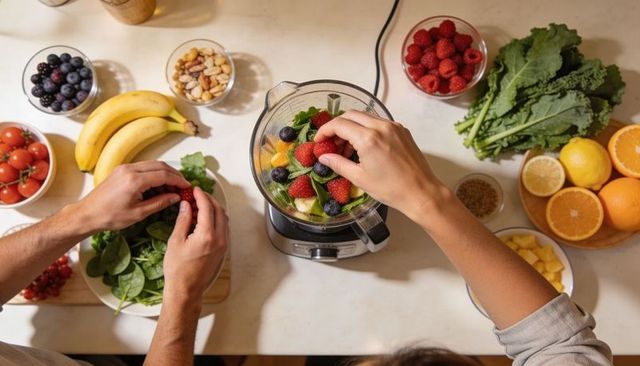 Couple preparing colorful fruit and greens smoothie in kitchen blender overhead view