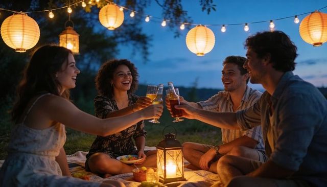 Friends clinking glasses on evening picnic with lantern lights, outdoor summer celebration