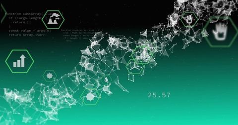 Futuristic data network strand flowing diagonally displaying hex icons, code and analytics