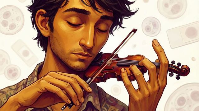 Middle eastern violinist playing contemplative portrait holding bow warm digital illustration