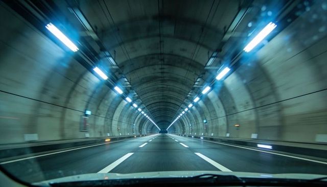 Driving through illuminated wet highway tunnel through windshield with dashboard visible