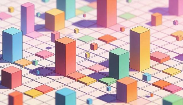 Pastel isometric cityscape of geometric towers and cubes on tiled grid with soft lighting