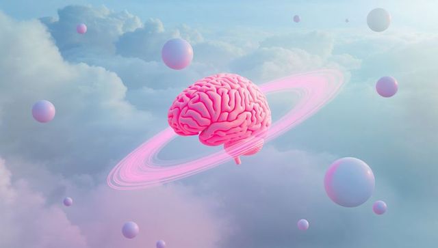 Floating pink brain encircled by neon rings in pastel clouds, surreal neuroscience concept