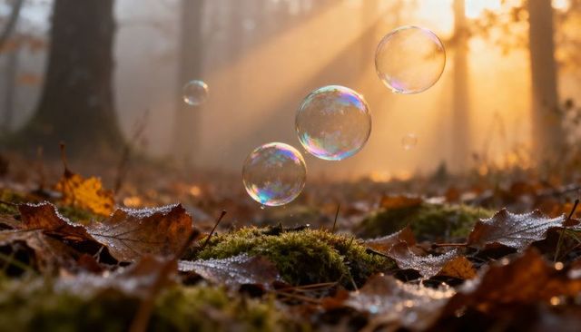 Iridescent bubbles floating over dewy autumn forest floor with golden sunbeams