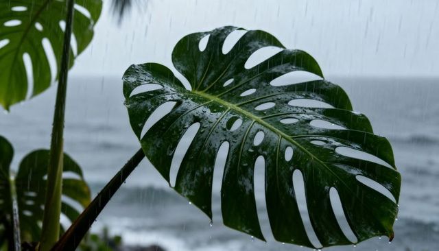 Monstera deliciosa leaf glistening with raindrops against moody coastal waves