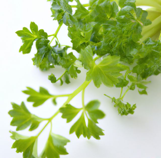 Close up of sprig of green fresh parsley on white background. Food, plant and seasoning concept.