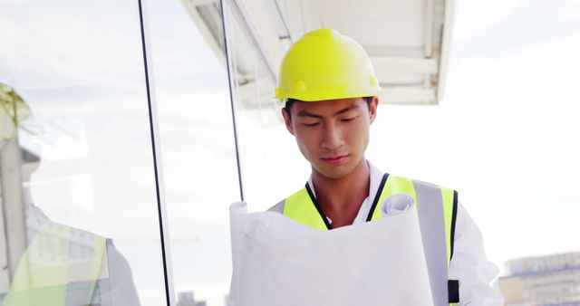 Young Asian male architect wearing hard hat and safety vest examining blueprints at outdoor construction site. Suitable for use in topics related to engineering, architecture, construction projects, professional planning, and building design.
