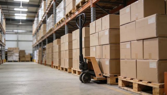 Orange Pallet Jack Beside Stacked Cardboard Boxes on Warehouse Pallets Inventory Logistics