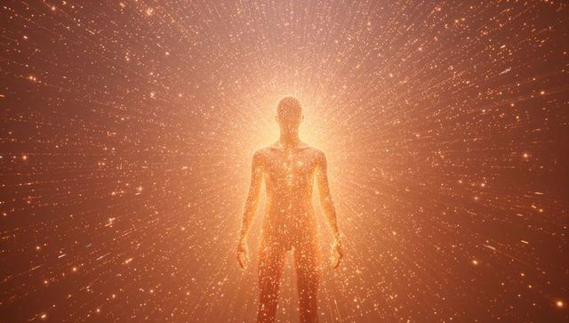 Glowing humanoid silhouette radiating golden energy through cosmic particle field and halo